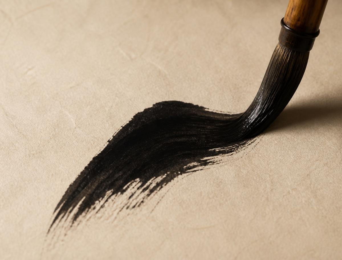 Pincel de caligrafia chinesa desenhando um traço em papel de arroz